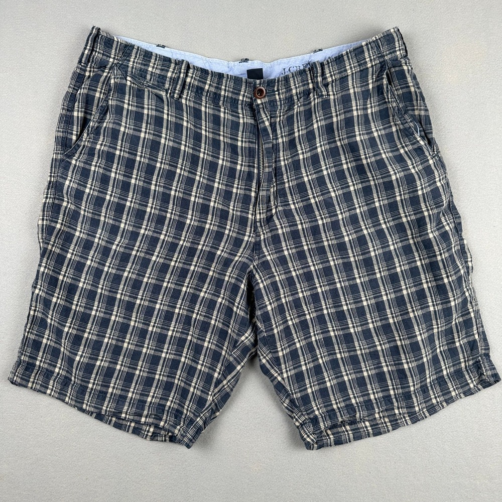 Vintage 2003-2004 J Crew Shorts Men's 38W 100% Linen Plaid Blue White Macau Y2K